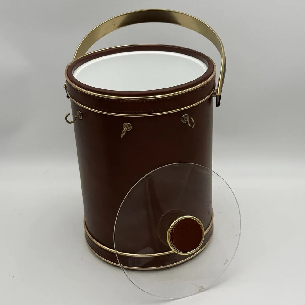 Vintage Barware Brown Faux Leather Ice Bucket Gold Trim Insulated with Lid